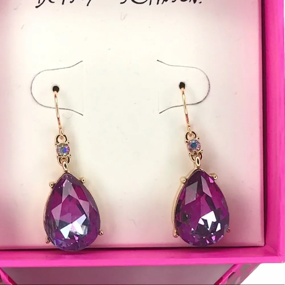 Betsey Johnson Tear Drop Stone Drop Earring Purple Gold Tone - Picture 4 of 5